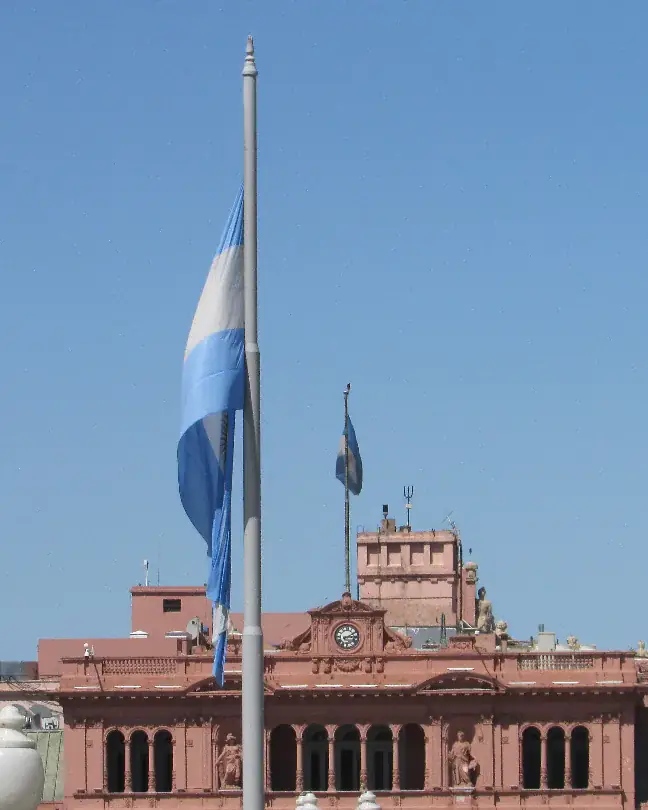 The Argentine flag flying in front of the Casa Rosada on Plaza de Mayo